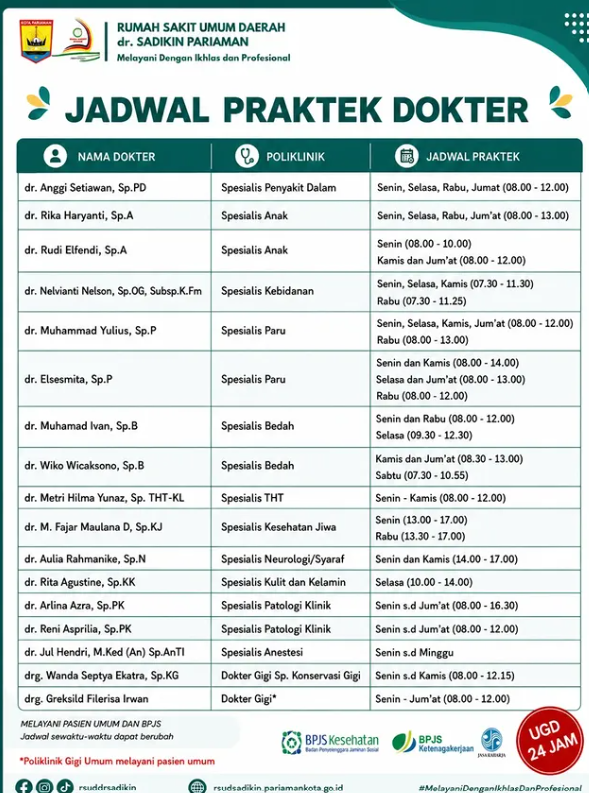 Jadwal Dokter Spesialis Poliklinik RSUD dr. Sadikin