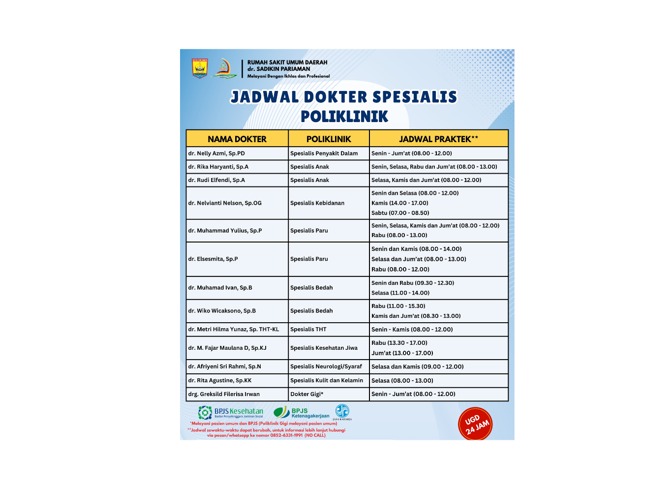 Jadwal Dokter Spesialis Poliklinik RSUD dr. Sadikin